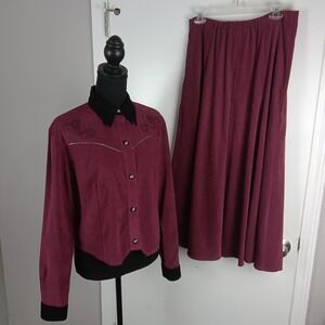 Banjo Jacket Skirt Set Womens Medium Burgundy Western Piping Faux Suede Made USA